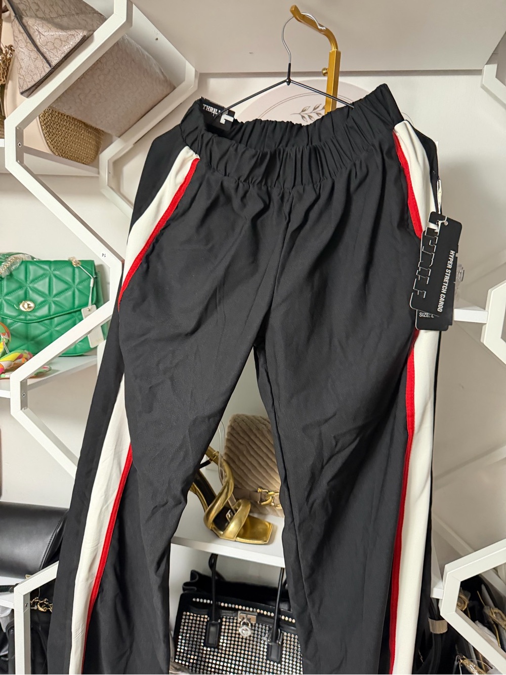 Black Track Pants with White & Red Side Stripes